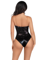 Leg Avenue Sequin Boned Bodysuit Small Black featuring a sleek back design with shimmering black sequins.