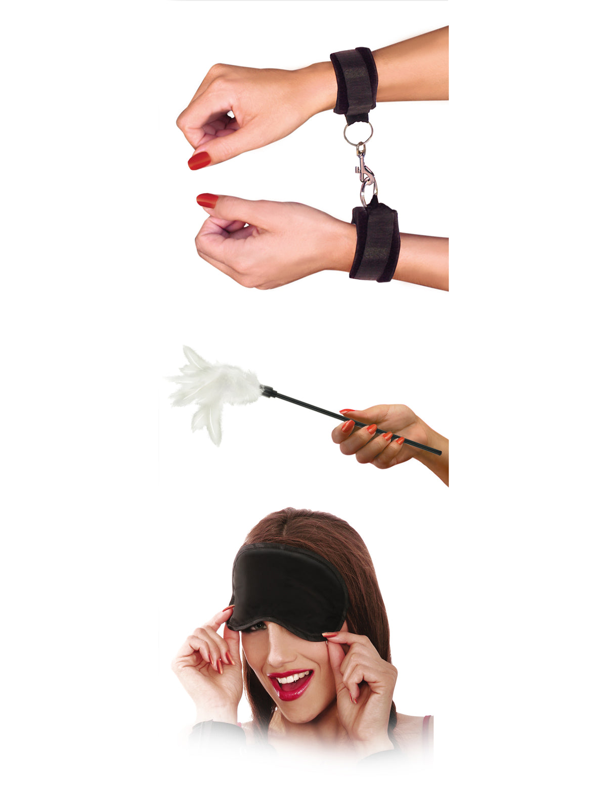 Fetish Fantasy Series Sensual Seduction Kit with cuffs, feather tickler, and blindfold for intimate play.
