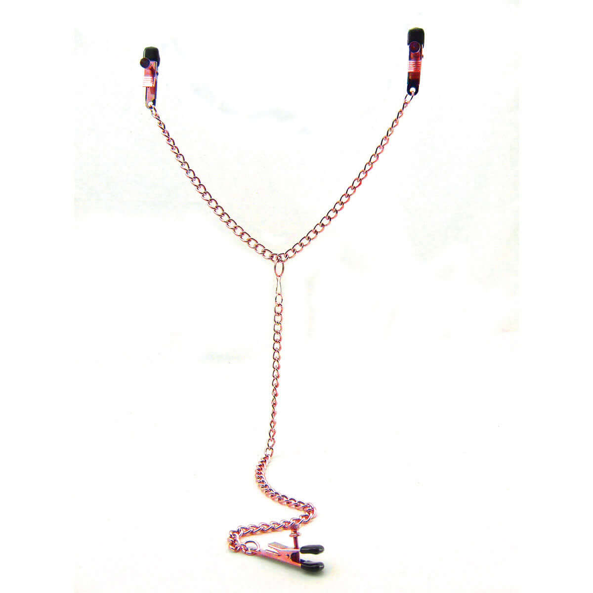Sex Kitten Y-style Adjustable Clamps Pink, featuring a chain connecting nipple clamps and a clitoral clamp for sensation play.