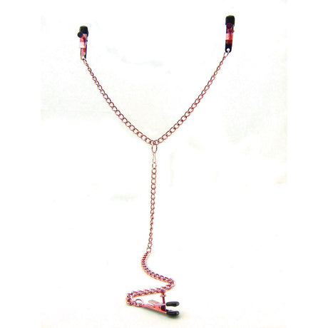 Sex Kitten Y-style Adjustable Clamps Pink, featuring a chain connecting nipple clamps and a clitoral clamp for sensation play.