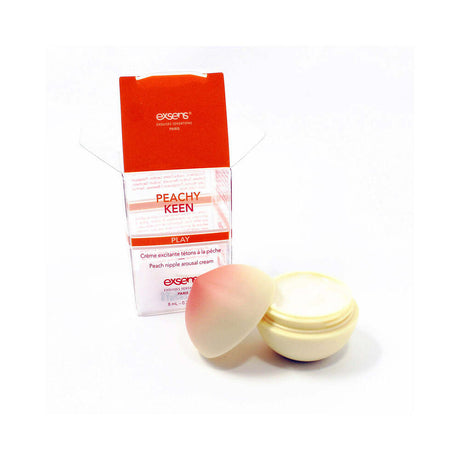 Exsens Nipple Arousal Cream Peachy Keen 0.3 Oz in packaging with cream pot open, highlighting its sweet peach flavor.