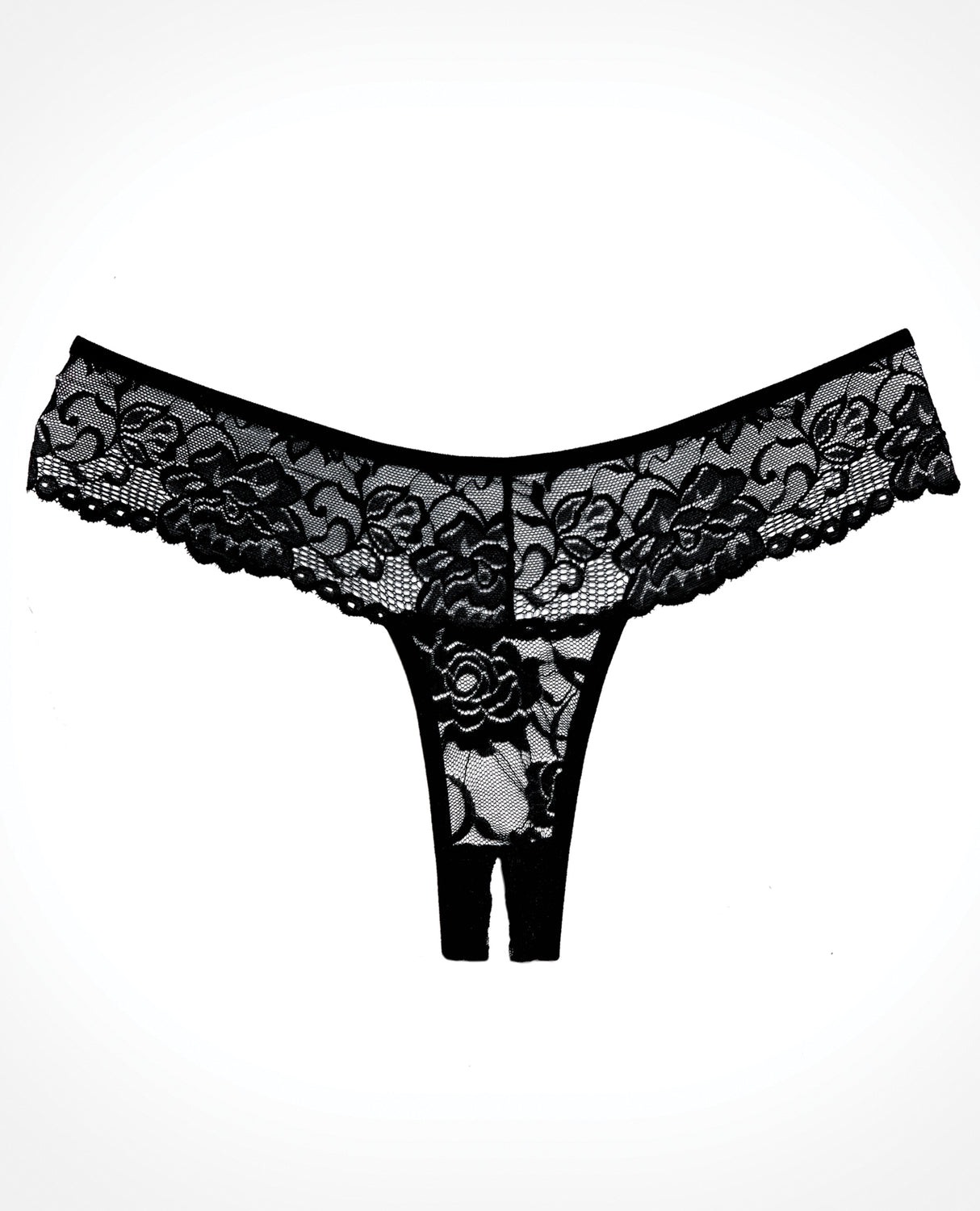 Adore Chiqui Love Thong Panty Black OS featuring sheer floral lace and scalloped trim design.