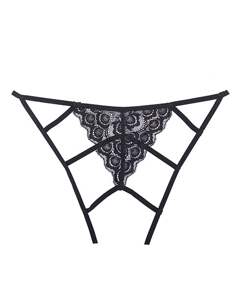 Adore Luv Web Strappy Open Front Panty Black showcasing slim straps and intricate lace details.