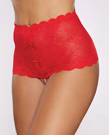 Allure Passion & Pearl High Waist Crotchless with Pearls Red OS featuring intricate lace and bow details.