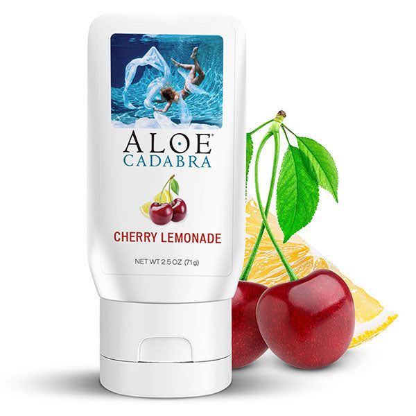 Aloe Cadabra Organic Lube Cherry Lemonade 2.5 Oz bottle with cherries and lemon, promoting hydrating personal lubricant.