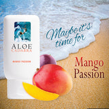 Aloe Cadabra Organic Lubricant Mango Passion 2.5 Oz with tropical fruits against a beach background.