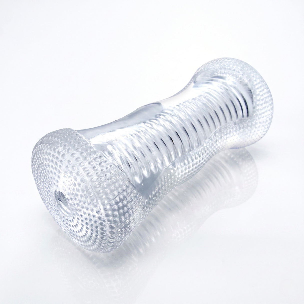 Palm-Tec DX Vol 17 Clear TPR Stroker, a clear masturbation sleeve showcasing ribbed texture for enhanced pleasure.