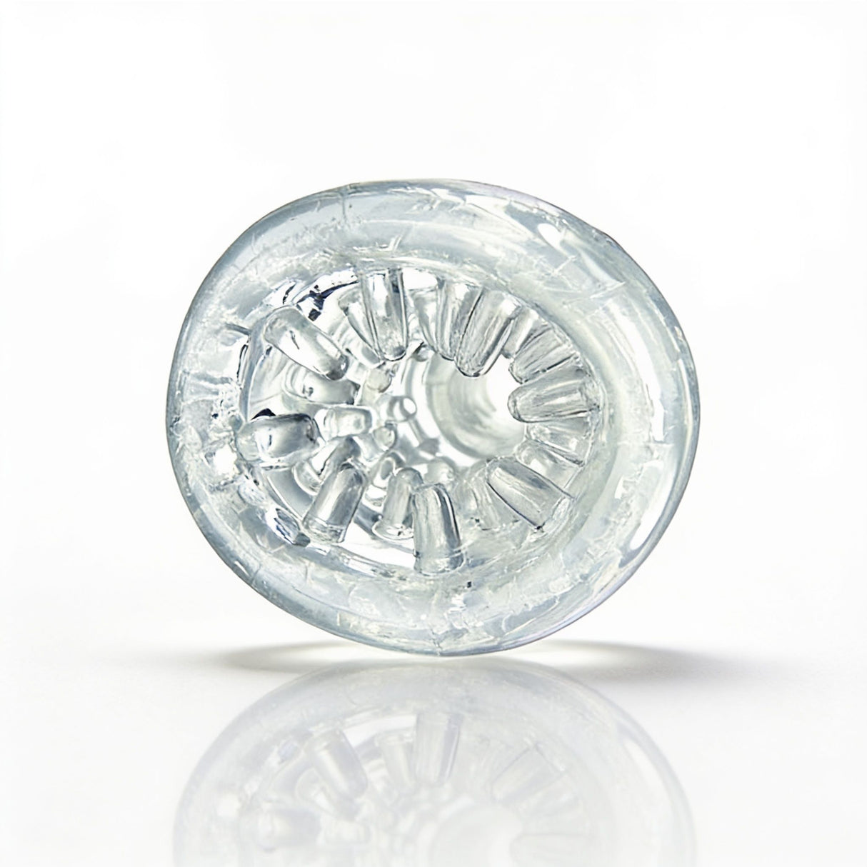 Clear interior view of the Sexflesh Palm-Tec LX Vol 20 Stroker Clear, showcasing its ribbed and nubbed design.