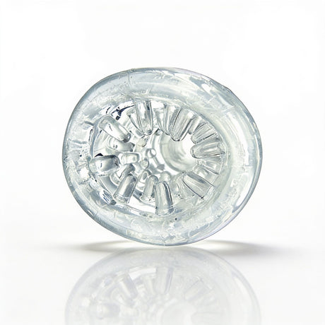 Clear interior view of the Sexflesh Palm-Tec LX Vol 20 Stroker Clear, showcasing its ribbed and nubbed design.
