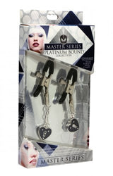 Master Series Charmed Heart Padlock Nipple Clamps in packaging from the Platinum Bound Collection.