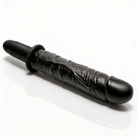 The Violator 13 Mode XL Dildo Thruster featuring detailed, vein-textured surface and sleek black design.