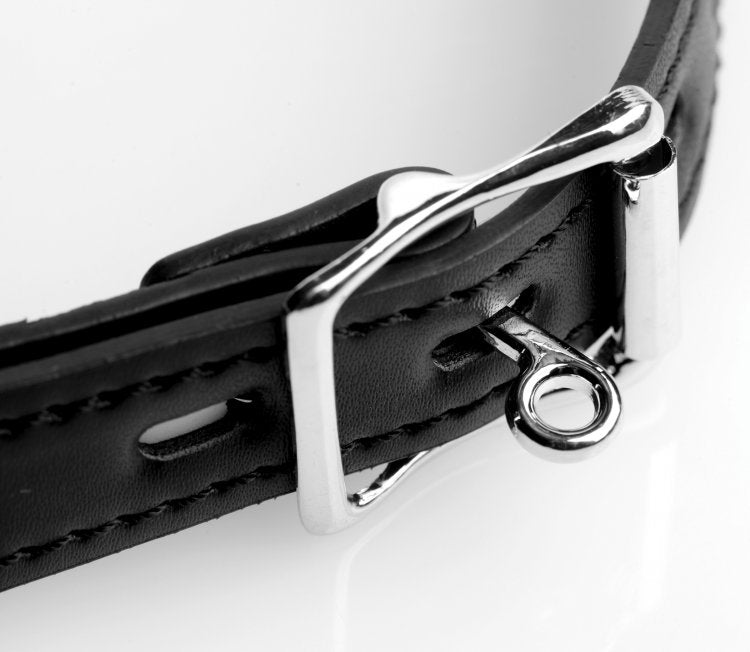 Strict Claw Hook Mouth Spreader Black leather strap with silver buckle detail, designed for restraint play.