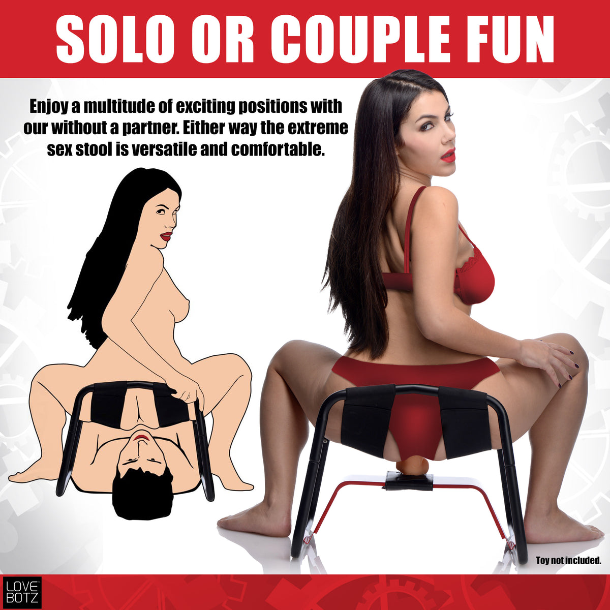 LoveBotz Bangin Bench Extreme Sex Stool for solo or couple fun, showcasing versatile positions with featured models.