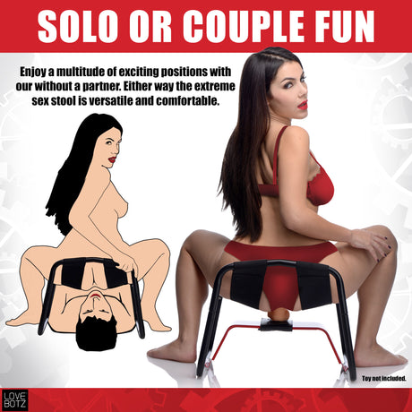 LoveBotz Bangin Bench Extreme Sex Stool for solo or couple fun, showcasing versatile positions with featured models.