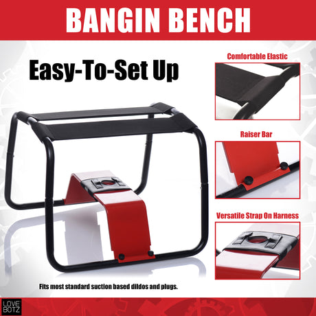 LoveBotz Bangin Bench Extreme Sex Stool easy-to-set up with comfortable elastic and versatile strap-on harness.
