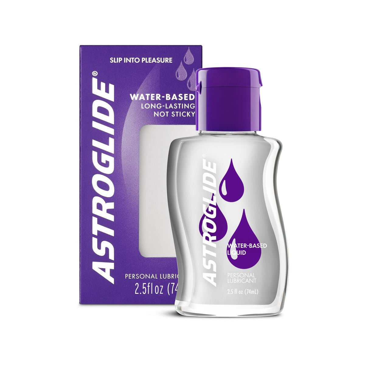 Astroglide Water Liquid Personal Lubricant 2.5 oz bottle and box with purple design.