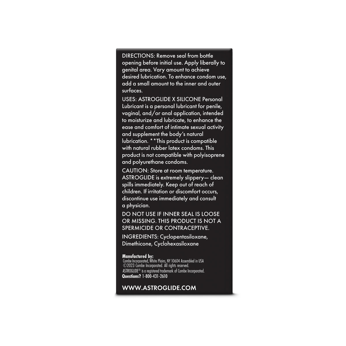 Astroglide Silicone Based Personal Lubricant 2.5 Oz product information and usage instructions on packaging.