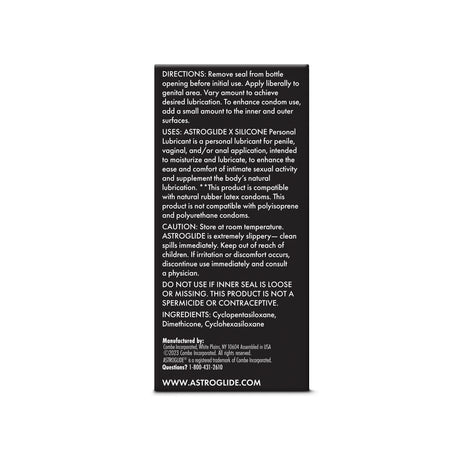 Astroglide Silicone Based Personal Lubricant 2.5 Oz product information and usage instructions on packaging.