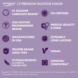 Astroglide Silicone Based Personal Lubricant 2.5 Oz benefits and features chart including brand trust and certifications.