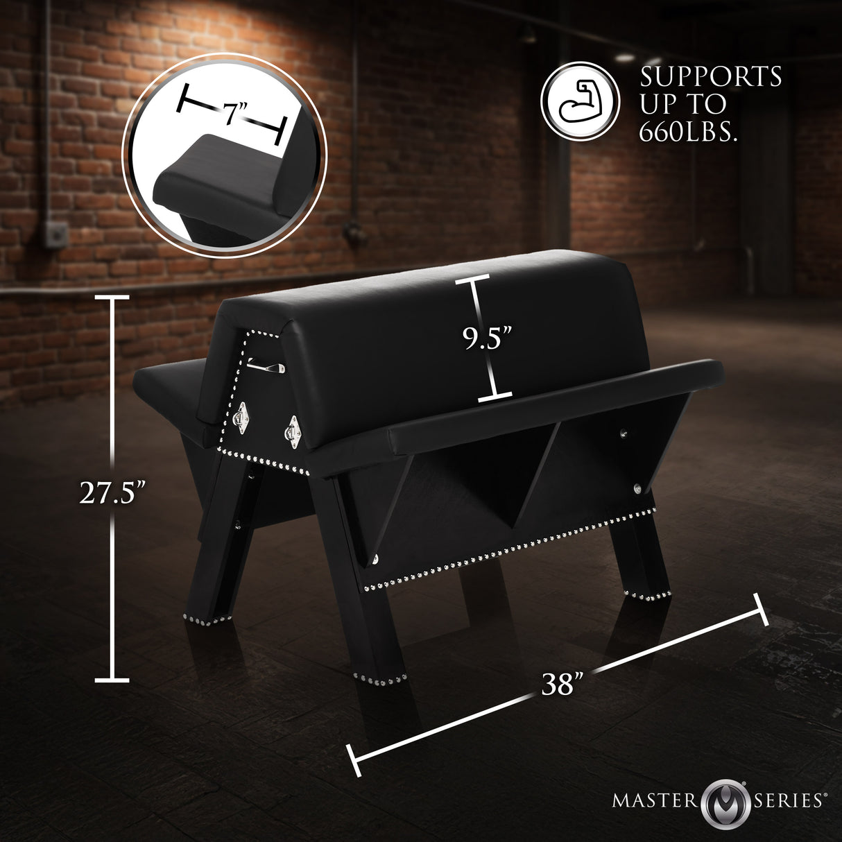 Bareback Submission Horse Black bondage bench with dimensions, supports up to 660 lbs, stylish and durable design.