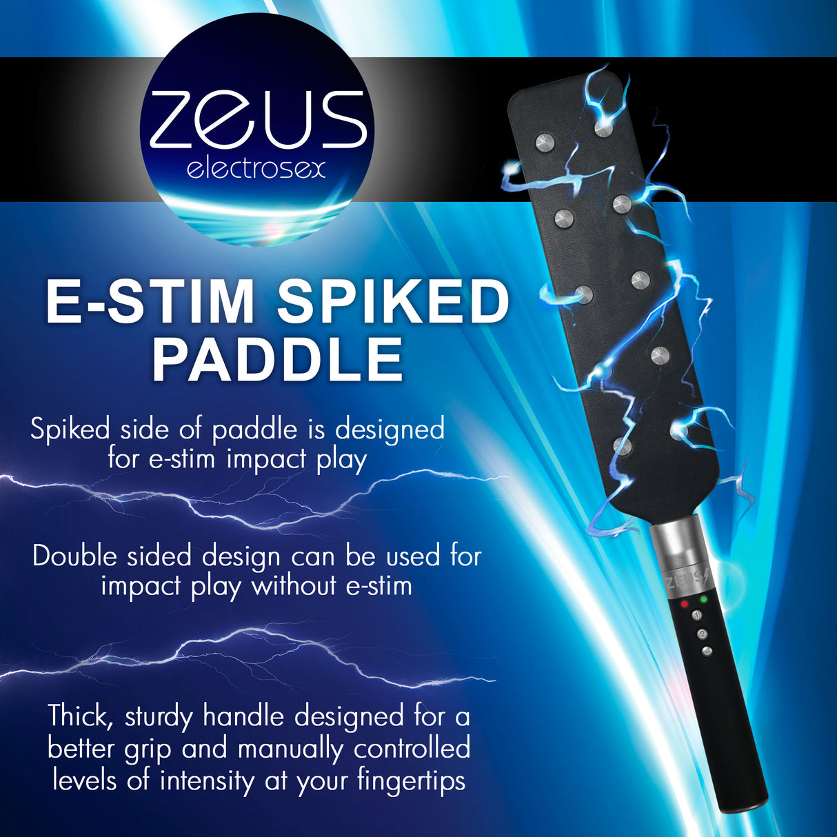Zeus Electrosex 16 Inch E-stim Spiked Paddle Black designed for electrifying impact play and stimulation.