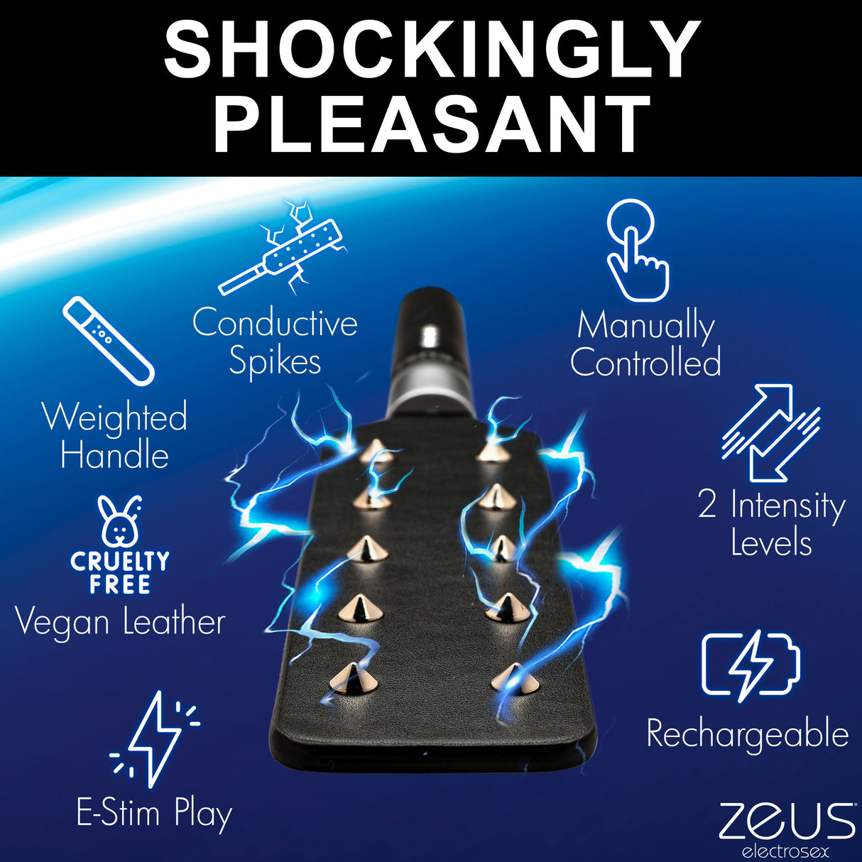 Zeus Electrosex 16 Inch E-stim Spiked Paddle Black featuring conductive spikes and two intensity levels.