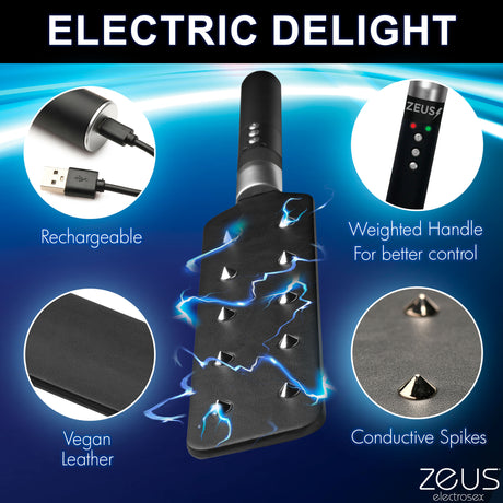 Zeus Electrosex 16 Inch E-stim Spiked Paddle Black with rechargeable feature and conductive spikes for electrifying impact play.