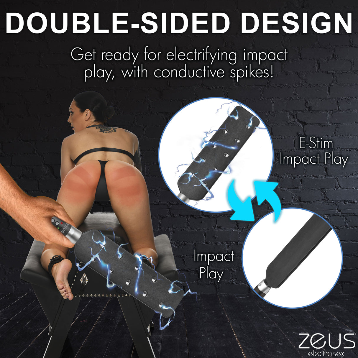 Zeus Electrosex 16 Inch E-stim Spiked Paddle Black featured in electrifying impact play setup with conductive spikes.