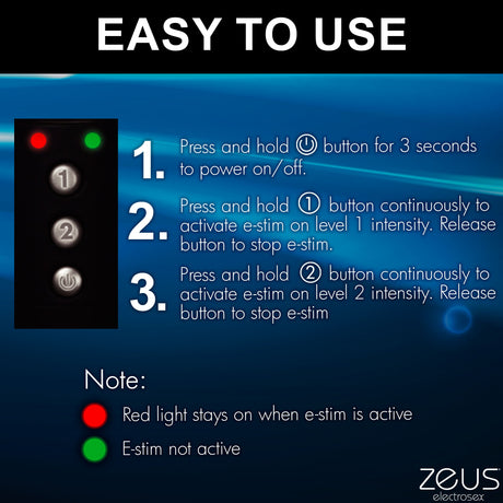 Zeus Electrosex 16 Inch E-stim Spiked Paddle Black easy to use instructions for activating e-stim levels.