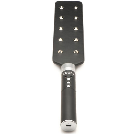 Zeus Electrosex 16 Inch E-stim Spiked Paddle Black with spiked striking surface and conductive electrostimulation features.