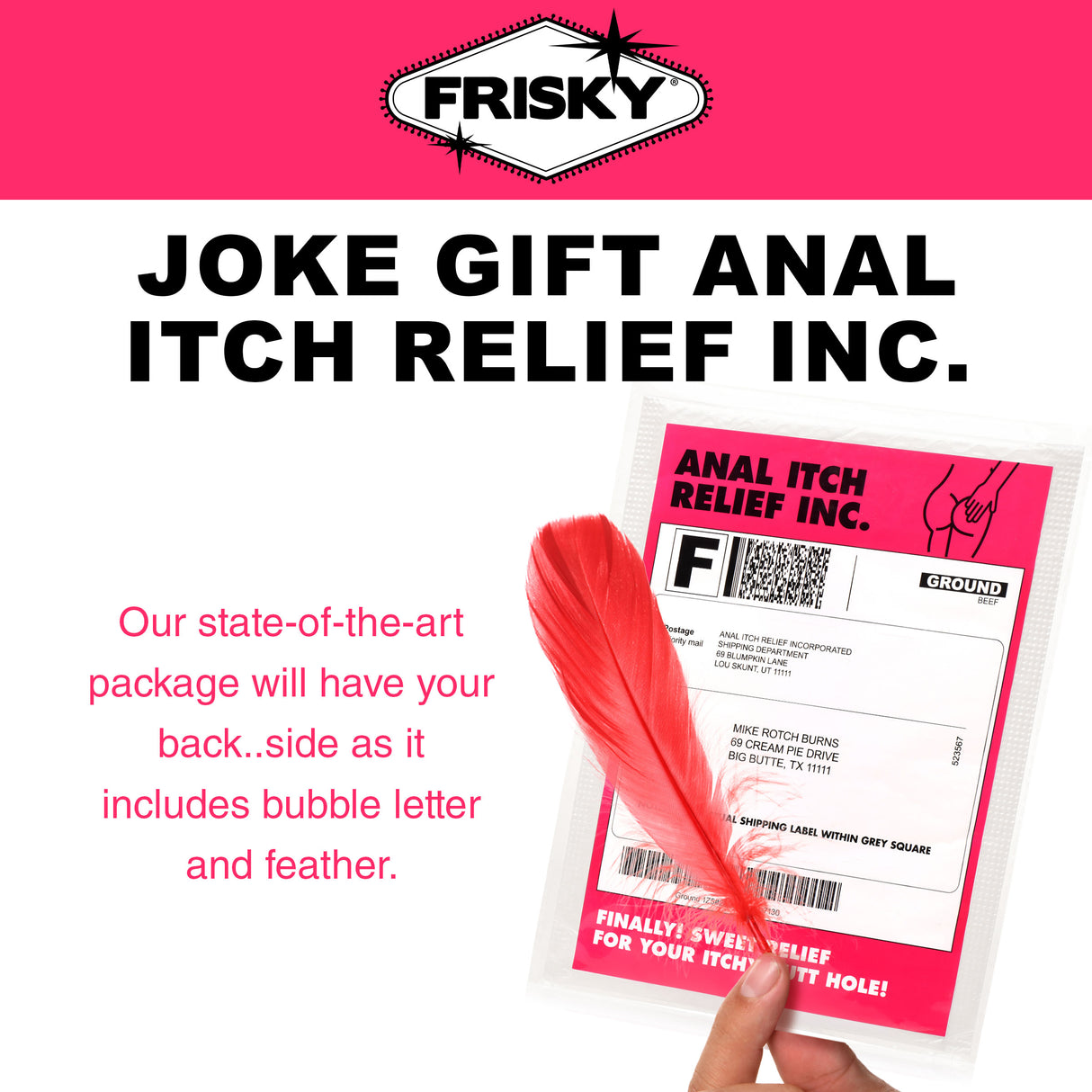 Anal Itch Relief Joke Gift package with feather and bubble letter for hilarious prank.