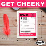 Anal Itch Relief Joke Gift prank mailer with feather, humor for itchy situations, dimensions 9.25" x 7.1".
