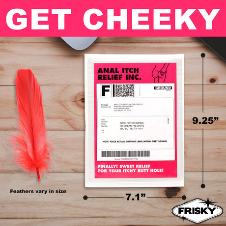 Anal Itch Relief Joke Gift prank mailer with feather, humor for itchy situations, dimensions 9.25" x 7.1".