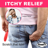 Man humorously reacting to itch relief, featuring Anal Itch Relief Joke Gift with feather and playful caption.