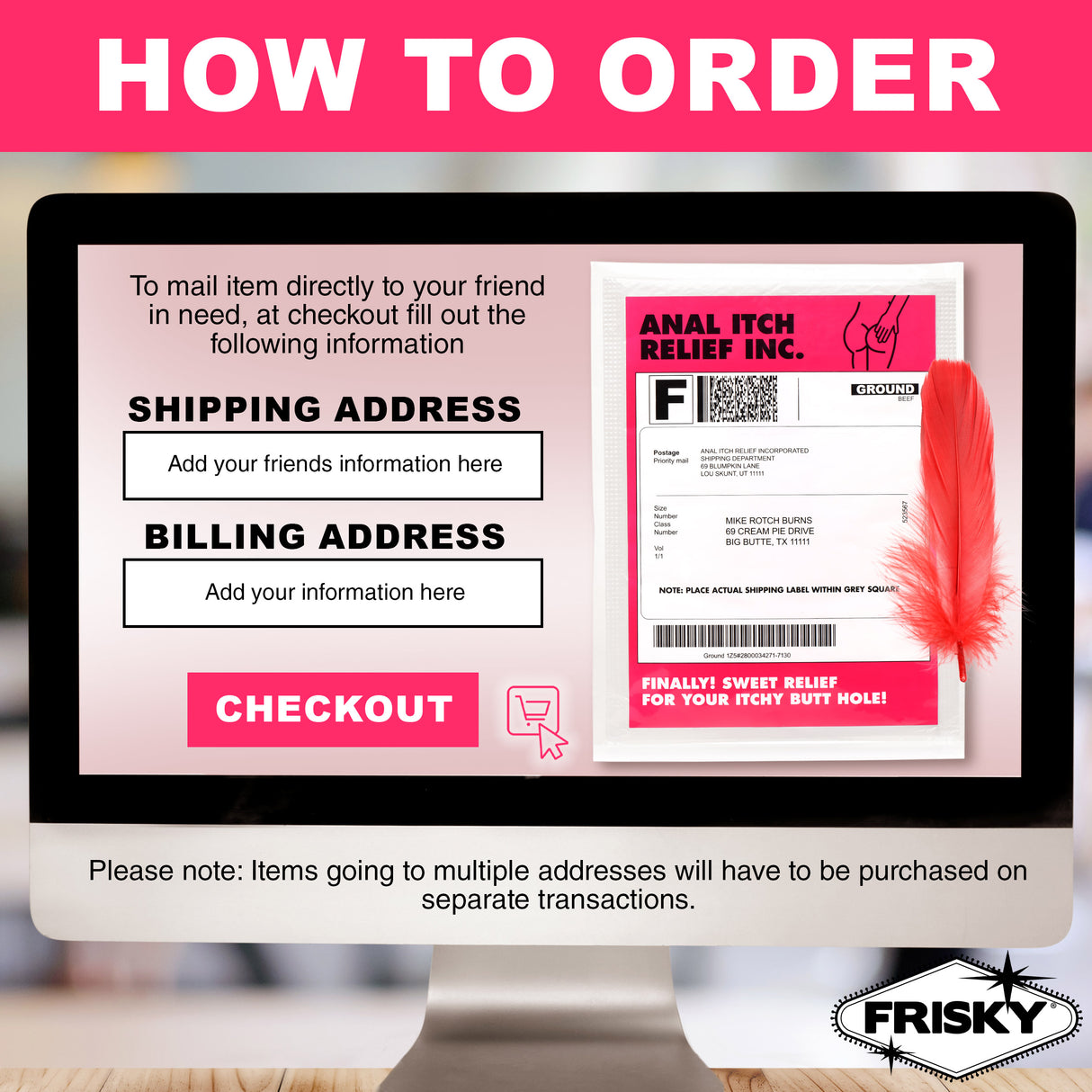 Instructions for ordering the Anal Itch Relief Joke Gift with shipping and billing details.