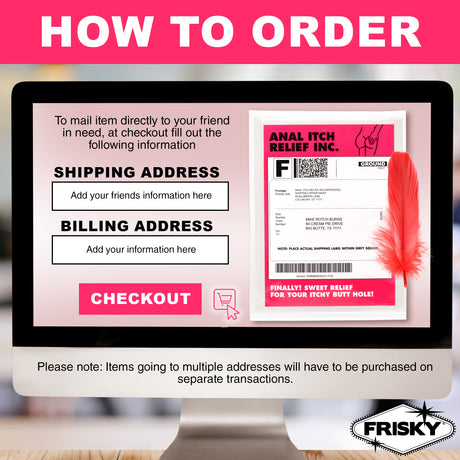 Instructions for ordering the Anal Itch Relief Joke Gift with shipping and billing details.