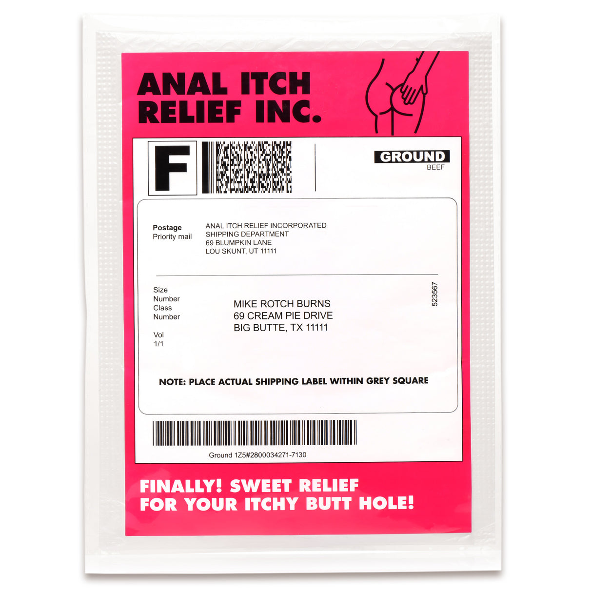 Anal Itch Relief Joke Gift packaging featuring humorous fake shipping label with playful text.