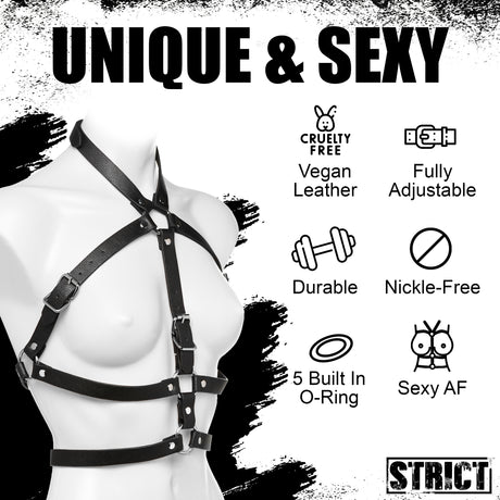 Strict Female Chest Harness 2XL 3XL made from vegan leather, featuring adjustable straps and five built-in O-rings.