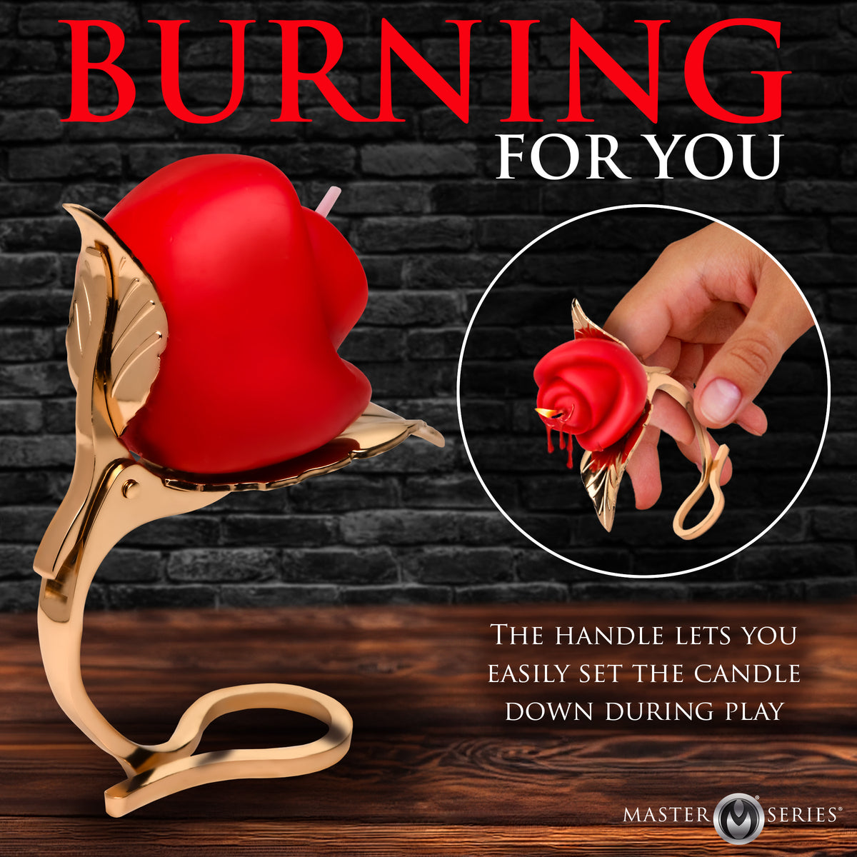 Burning Passion Rose Candle with Holder on a golden leaf stand, showcasing elegant design for sensory rituals.