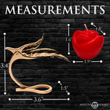 Measurements of Burning Passion Rose Candle with Holder: golden leaf stand and rose dimensions.