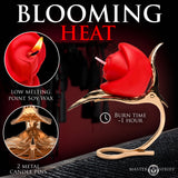 Burning Passion Rose Candle with Holder in elegant design featuring low melting point soy wax and gold leaf holder.