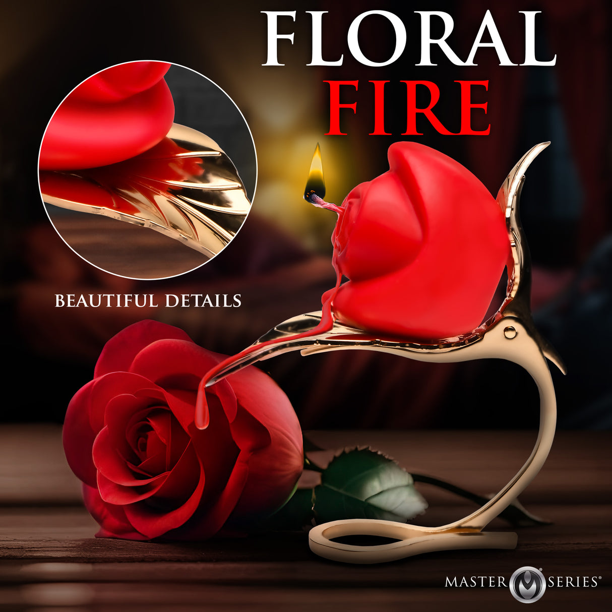Burning Passion Rose Candle with Holder on a golden leaf stand with beautiful details and soft red rose illuminating.