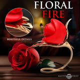 Burning Passion Rose Candle with Holder on a golden leaf stand with beautiful details and soft red rose illuminating.