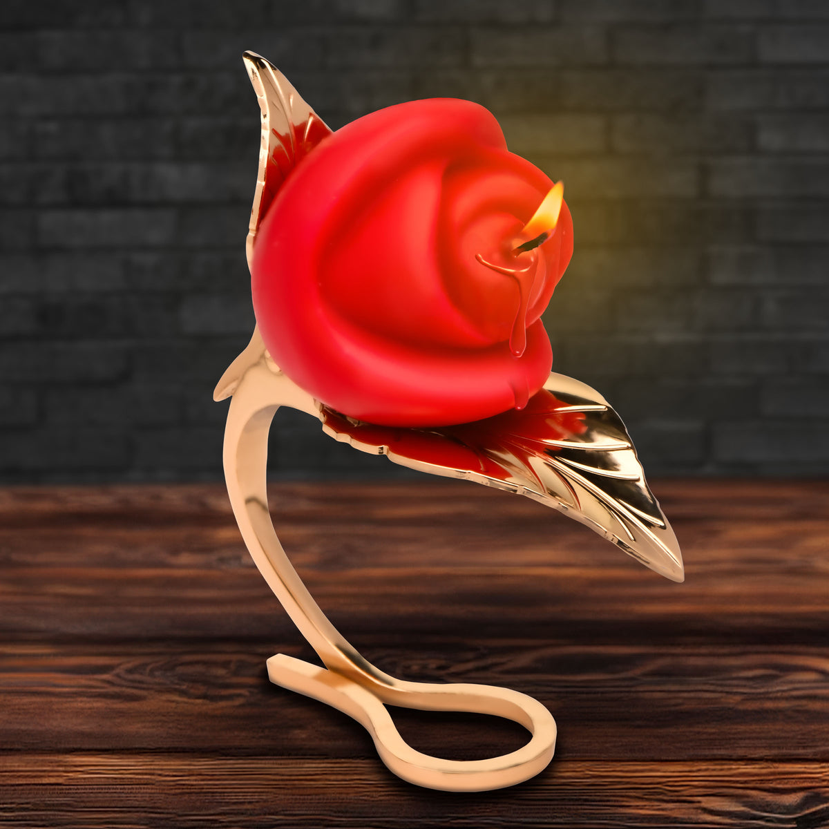Burning Passion Rose Candle with Holder elegantly displayed on a golden leaf stand, resembling a blooming rose.