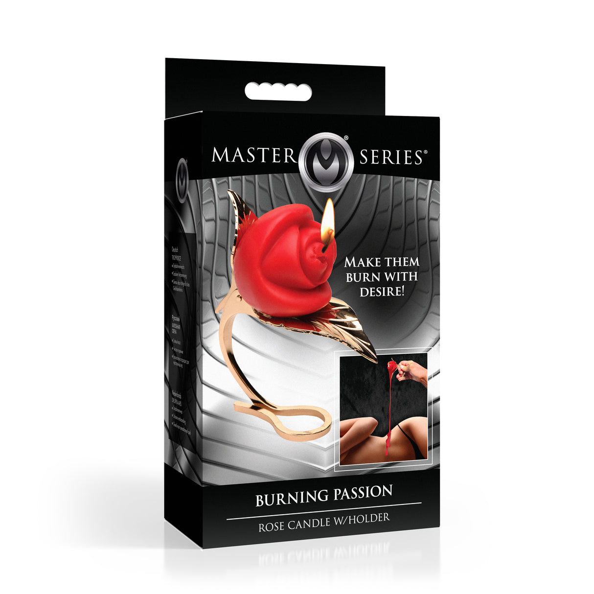 Burning Passion Rose Candle with Holder displayed in elegant packaging featuring a red rose candle and gold holder.