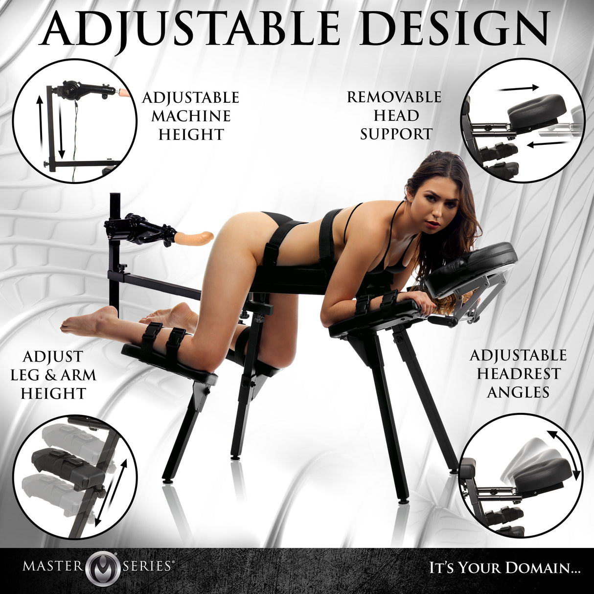 Image of Master Series Obedience Chair with Sex Machine showcasing adjustable design features and versatility.