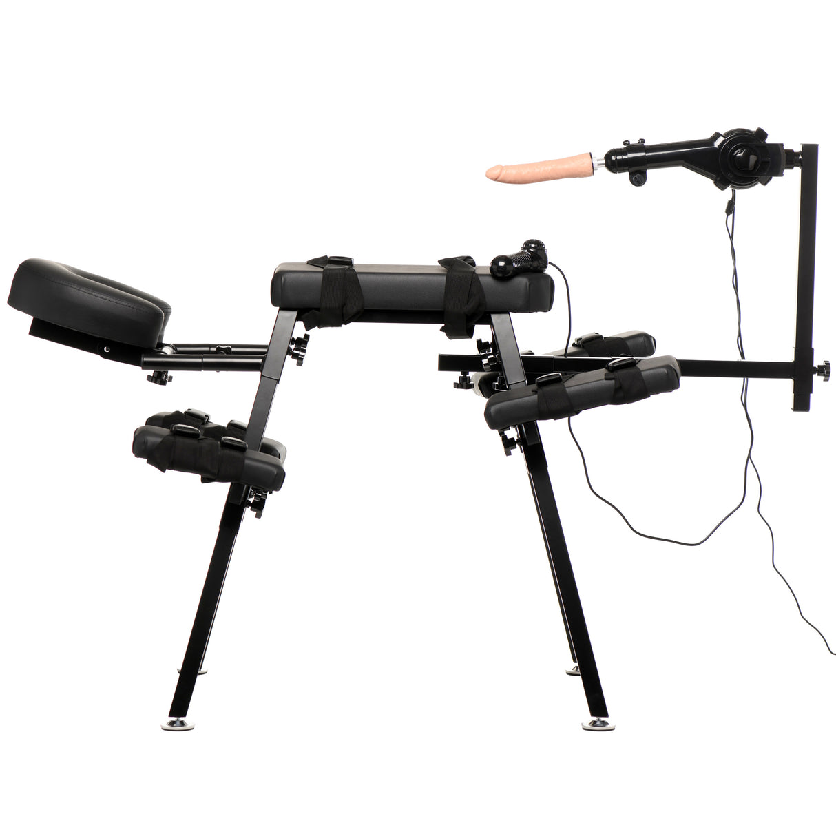 Master Series Obedience Chair with Sex Machine side view, featuring adjustable positioning and detachable thrusting accessory.