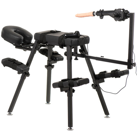 Master Series Obedience Chair with Sex Machine, an adjustable positioning bench with a detachable thrusting machine.
