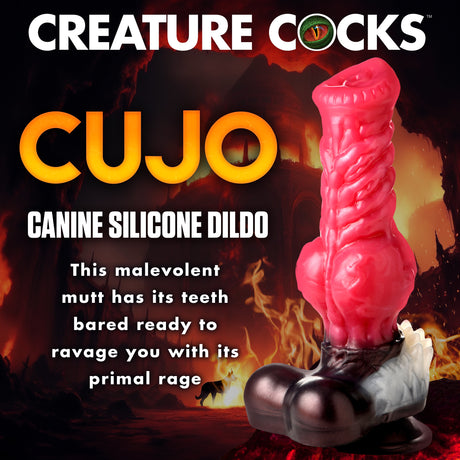 Cujo Canine Silicone Dildo Extra Large with bright red shaft and detailed design for unique pleasure.