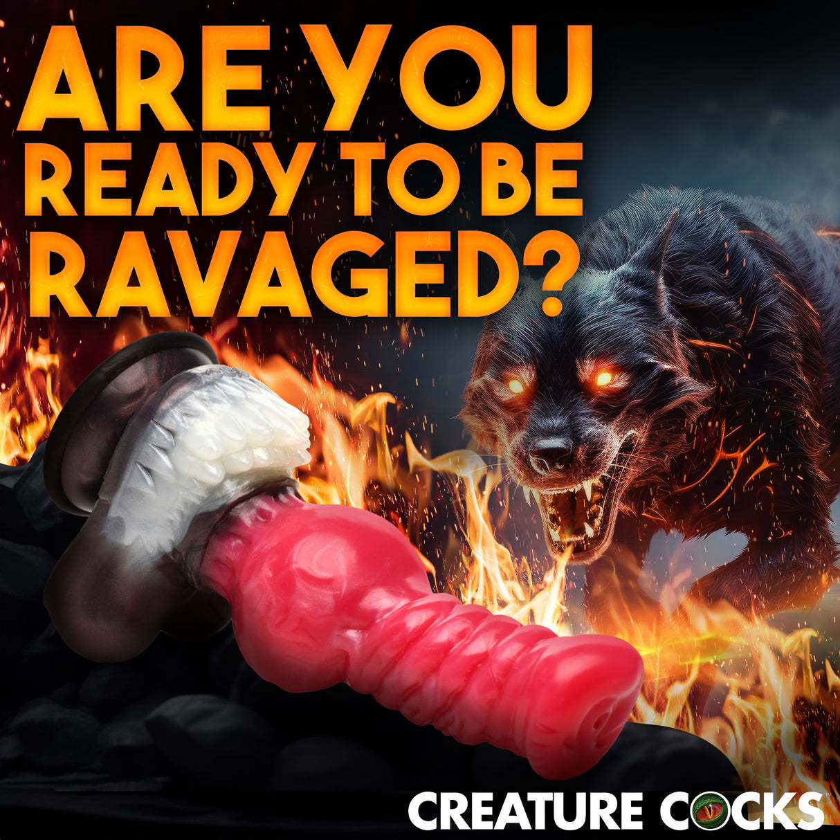 Cujo Canine Silicone Dildo Extra Large displayed with fiery background and creature illustration.